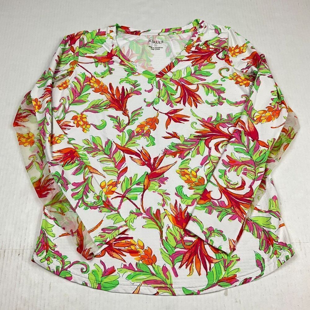 Icikuls Womens Stretchy Long Sleeve Top Floral Mesh Quick Dry V-Neck Shirt Small